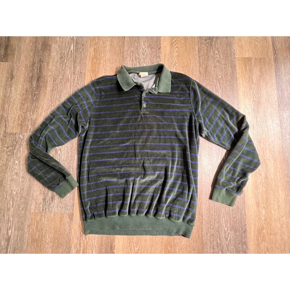 L.L. Bean Polo‎ Shirt Mens Large Green Purple Striped Velour Long Sleeve Vintage